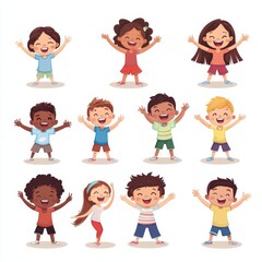 Happy kids cartoon collection. Multicultural children in different positions isolated on white...