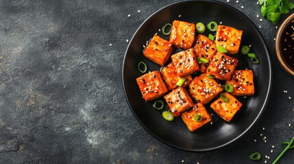 A savory plate of spicy tofu with sesame seeds and scallions, featuring a clean layout with advertising space, perfect for culinary branding.