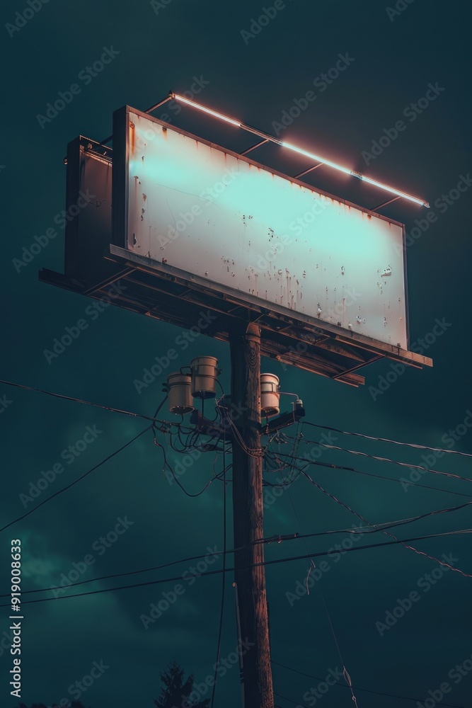 Poster an empty billboard illuminated at night, a dark and quiet street with a single source of light