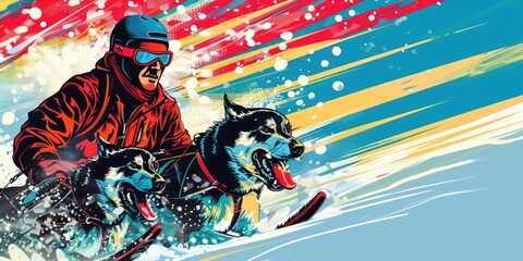 Man in red driving dogsled in snow.