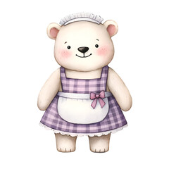 A teddy bear is wearing a maid's outfit and looking sad. The bear is standing on a white background