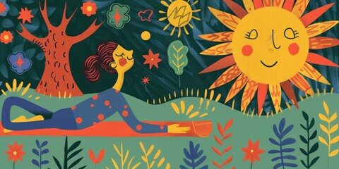 Obraz premium Smiling sun, woman relaxing in nature.