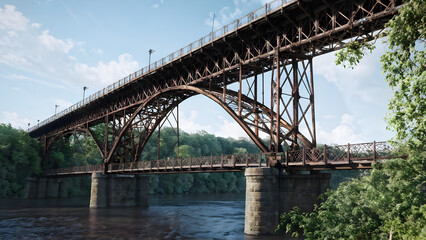 Fototapeta premium A vintage iron railway bridge across a river, including elaborate lattice work and rusted beams