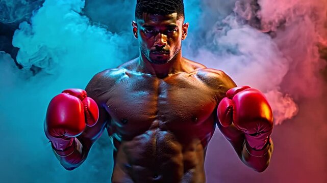 Male boxer with red shorts, muscular build, standing in a dramatic smoky environment with blue and red lighting, intense focus. 