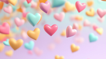 Obraz premium Vector Valentines Day banner template. Horizontal border with flying colorful. heart balloons . Realistic hearts frame on pink background. Cartoon 3d Valentine's day design, wallpaper, decor