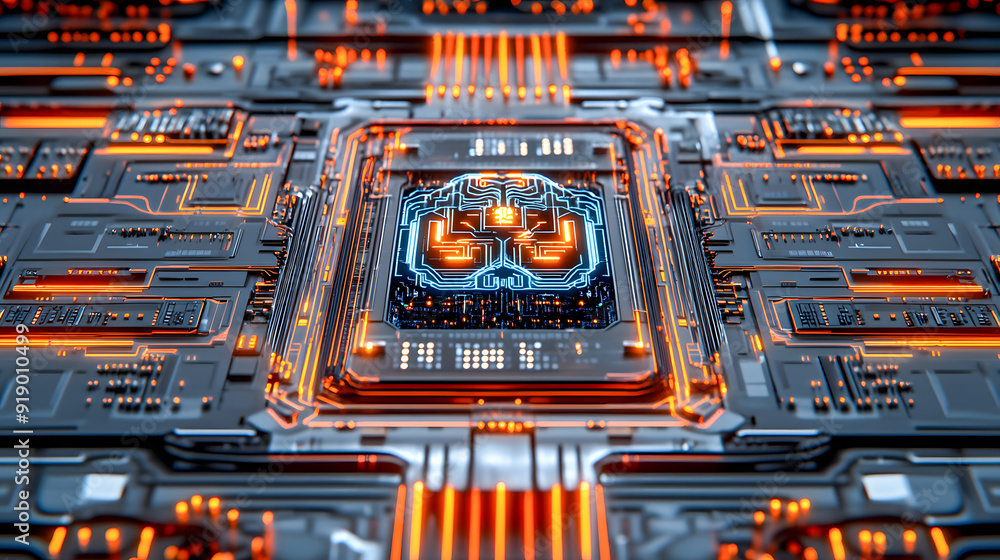 Poster futuristic cyberpunk style circuit board with glowing microchips electronic components and intricate