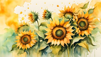 A painting of a field of sunflowers with a splash of yellow and green