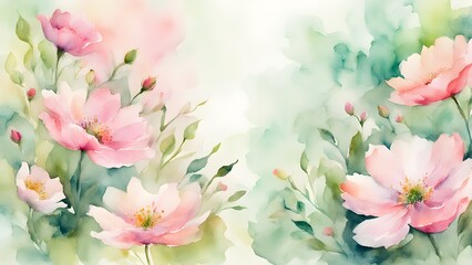 A painting of a field of pink flowers with a green background