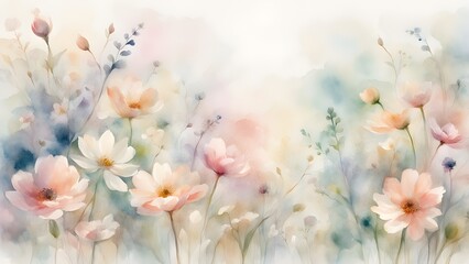 A painting of a field of flowers with a blue sky in the background
