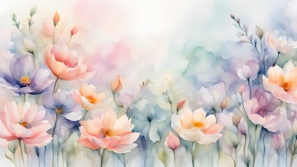 A painting of a field of flowers with a blue sky in the background