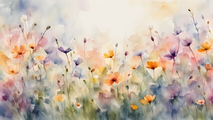 A painting of a field of flowers with a bright sun in the background