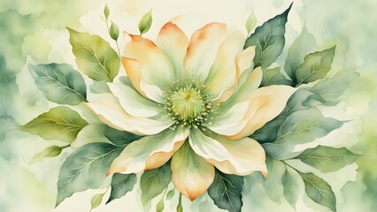A painting of a flower with green leaves and a yellow center