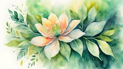 A painting of a flower with green leaves and a yellow center