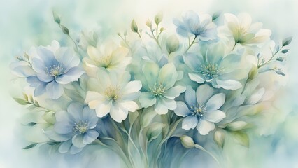 A painting of a bouquet of flowers with a blue background