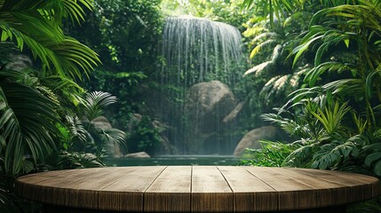 Wooden Tabletop with Lush Greenery and Waterfall Background