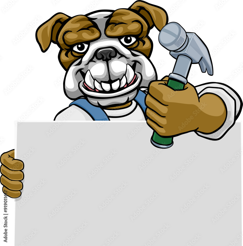 Sticker A bulldog handyman or carpenter cartoon construction man mascot character holding a hammer tool