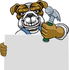 A bulldog handyman or carpenter cartoon construction man mascot character holding a hammer tool