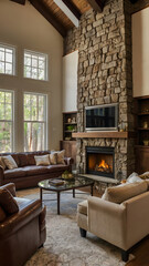 Obraz premium living room with fireplace, ai generated