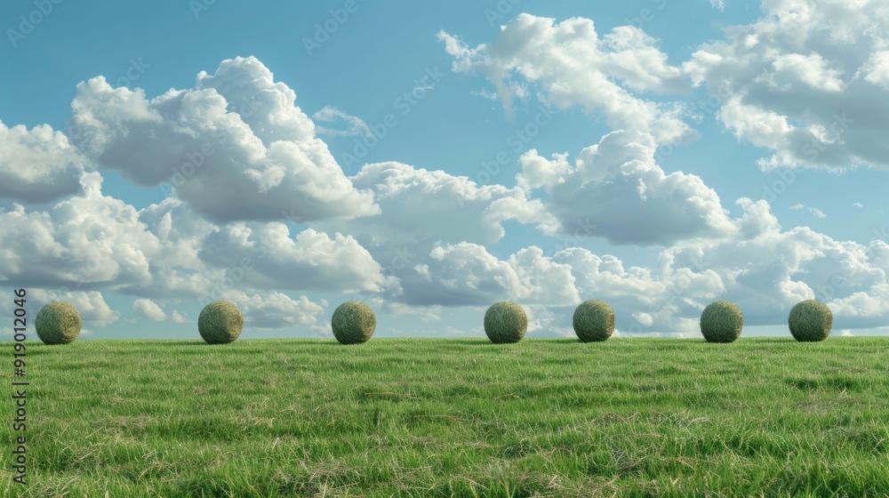 Poster A field of green grass with a few small trees in the background