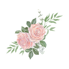 Hand-painted watercolor floral bouquet featuring pink roses, green leaves, and eucalyptus branches