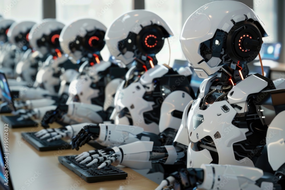 Poster a group of robots sit side by side, their metallic bodies and mechanical limbs on display