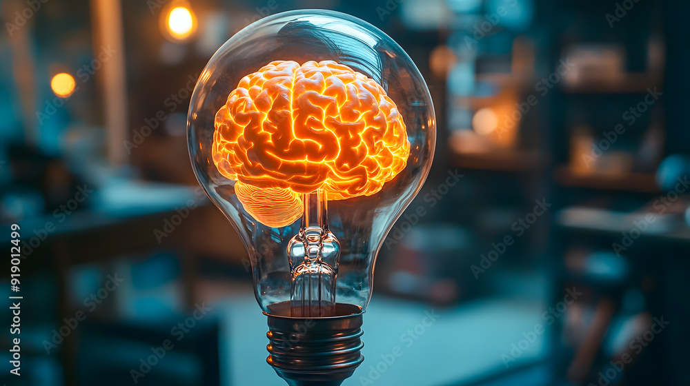 Poster glowing brain in light bulb concept representing creativity and innovative thinking symbolic image s