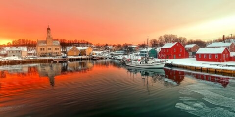 Fototapeta premium Scenic Winter Sunset at a Historic Harbor Village with Reflections on Frozen Water