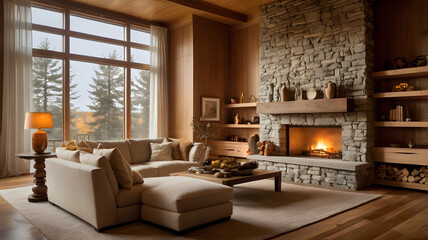 living room with fireplace, ai generated