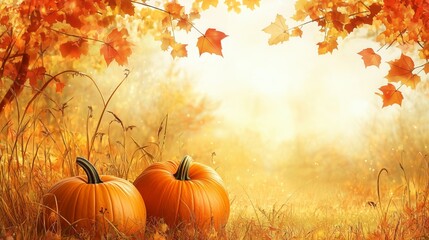 Naklejka premium Bright orange pumpkins sit in an autumn field surrounded by colorful leaves