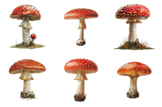 Six Red Mushrooms with White Spots and a White Stem