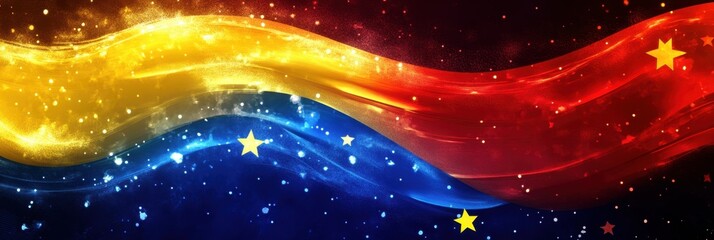 Independence day of Venezuela. Horizontal banner. Free space for text. Abstract background in colors of Venezuelan flag. Yellow, blue and red illustration with stars