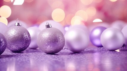 Fototapeta premium A variety of shiny purple ornaments scattered on a soft surface, twinkling under bright holiday lights in a joyful atmosphere