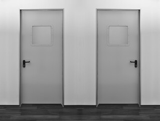 Emergency exit two grey door. Push bar and rail for panic exit