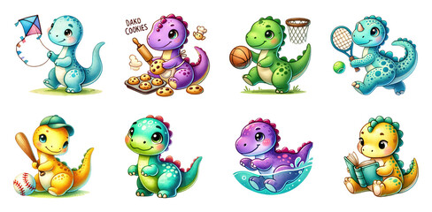 Obraz premium Watercolor Baby dinosaurs playing, isolated on transparent background