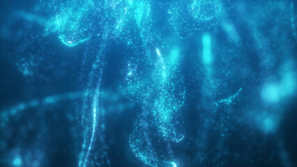 Bright blue background of liquid, particle flow. Abstract backgrounds