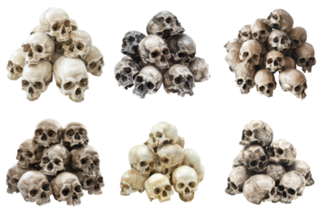 Six Piles of Human Skulls Isolated on White Background