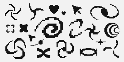 Y2K pixel style asset. Y2K retro futuristic elements for posters, flyers, banners, streetwear, social media. Pixel 8 bit vector abstract shapes, symbols, frames and objects. Y2K aesthetics.
