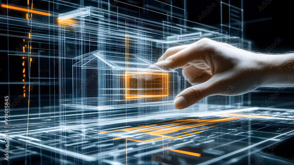 Poster conceptual digital interface showcasing a hand gesture interacting with a futuristic technology syst