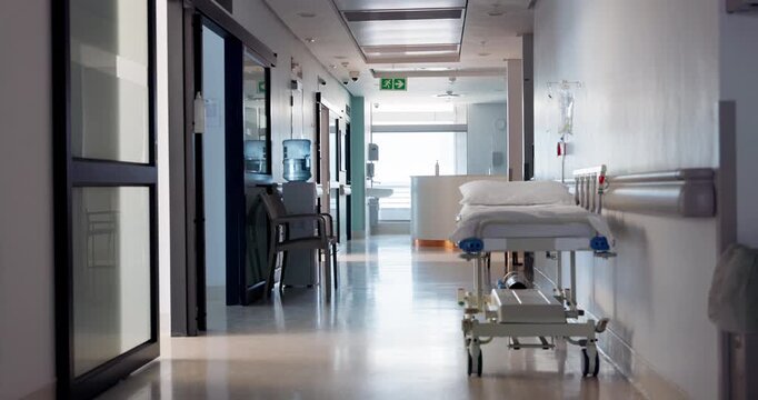 Hospital, empty hallway and healthcare or medicare at clinic, medical and care in corridor. Medicine, wellness and treatment for illness, support and trust in emergency, lobby and service for injury