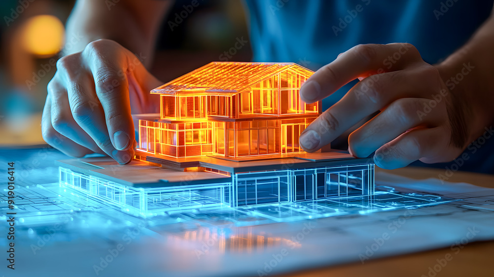 Poster architectural blueprint 3d model displaying modern home design with detailed layout engineering plan
