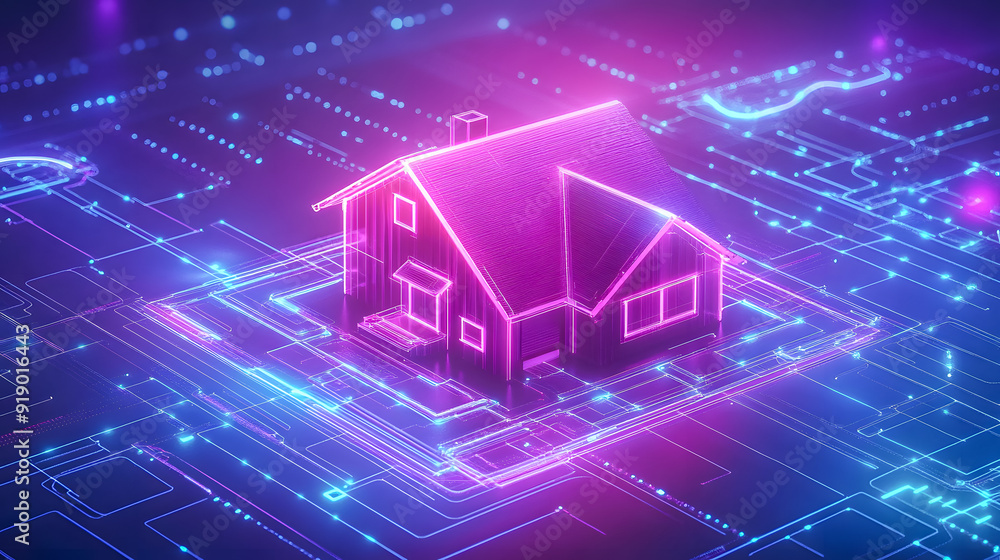 Poster futuristic wireframe house model with glowing neon circuits and data flow on a vibrant dynamic digit