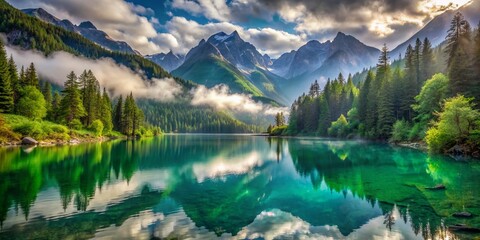 Majestic misty mountains surrounded by lush green forests and reflecting serene turquoise lake water, creating a peaceful atmosphere of solitude and tranquility.