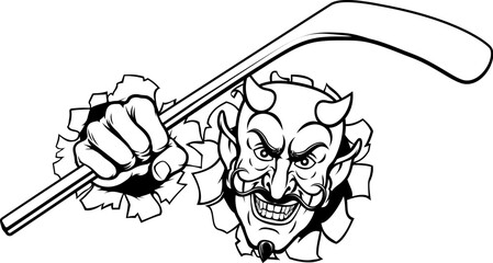 A devil or satan ice hockey sports mascot cartoon character holding a stick