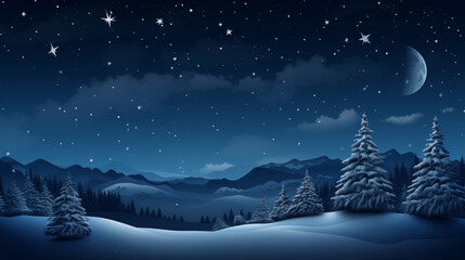 Fototapeta premium Snowy mountains are illuminated by stars and a crescent moon, creating a tranquil winter atmosphere