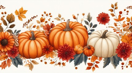A charming autumn pattern showcases pumpkins and seasonal flowers in rich hues