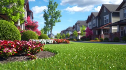 Fototapeta premium A suburban neighborhood with front yards boasting green grassy lawns, bordered by colorful flowers and neatly trimmed bushes, enhancing the curb appeal.