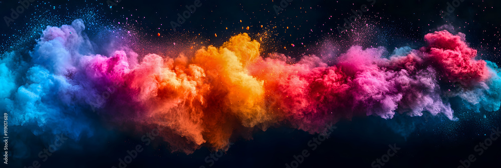 Poster vibrant multicolored explosive powder burst with swirling smoke and fluid motion in a dynamic abstra