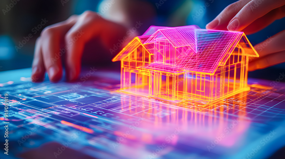 Poster a futuristic 3d architectural blueprint of a wireframe house model rendered on a digital screen in a
