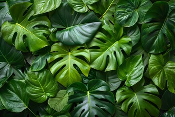 Tropical Monstera Leaves with Water Droplets - Vibrant Green Foliage for Nature Themes, Wall Art, and Design