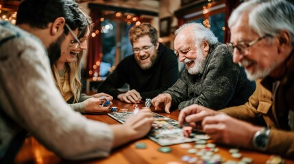 Family playing board games around the dining table on a cozy evening